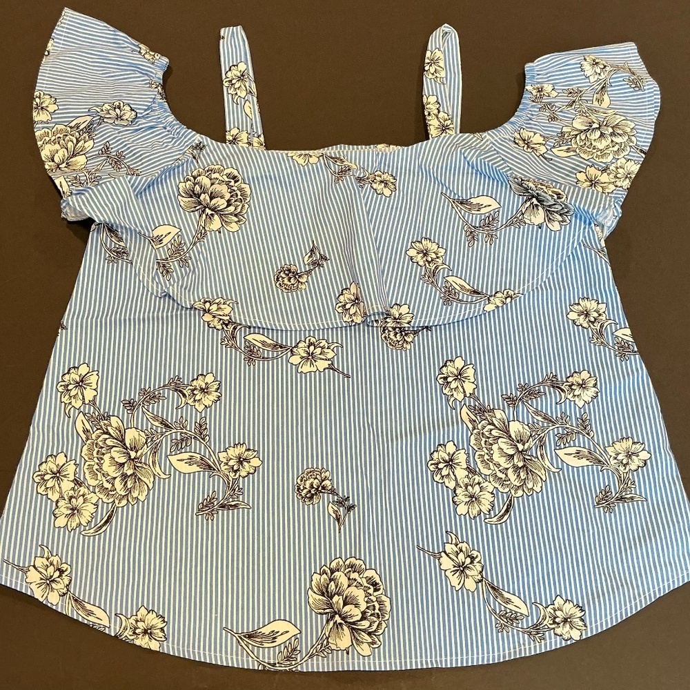 Primark Blue Stripe Floral Ruffle Strap Blouse Size 6 Cottagecore Top
